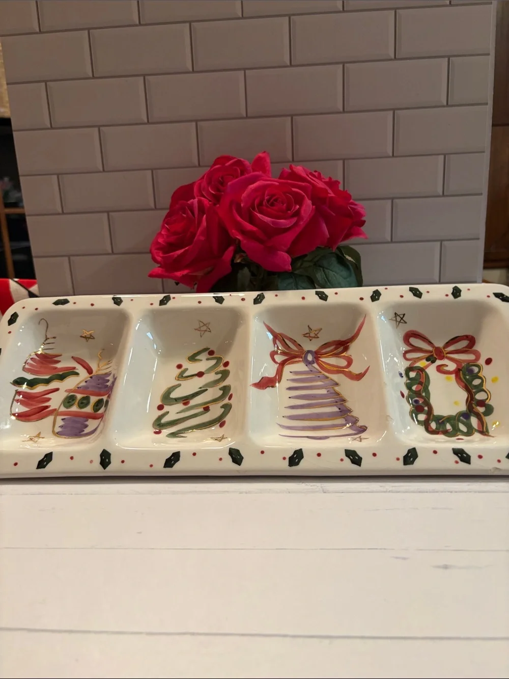 Hand-Painted Holiday Serving Tray - Festive Tree & Wreath Design